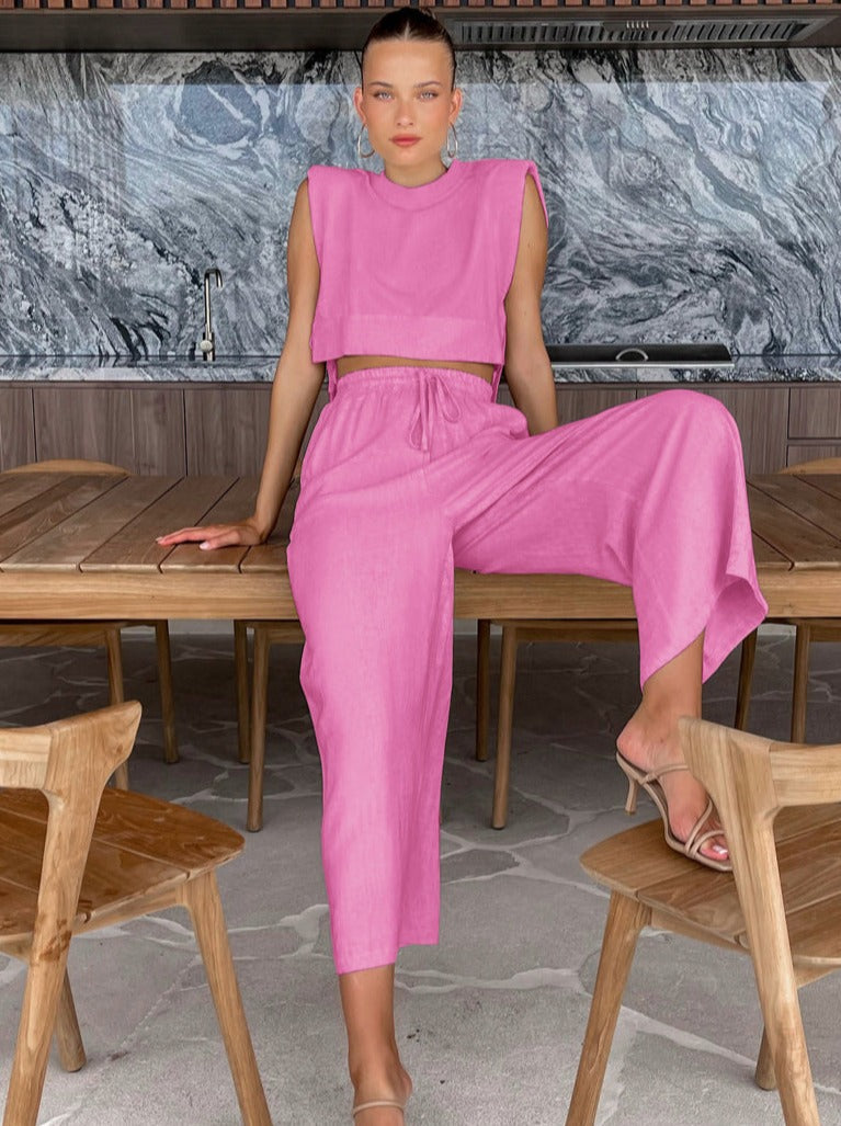 Elena | Zweiteiliges Leinen-Set mit Weitbein-Hose