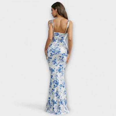 Thalia - Floral Print Prom Dress with Tied Shoulder Straps