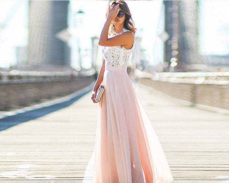 Elegantes Damen Maxikleid mit Spitze und Chiffonrock – Weiß Rosa (S–XXL)
