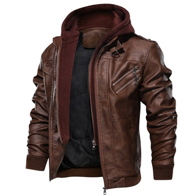 Herren Lederjacke mit abnehmbarer Kapuze und Taschen