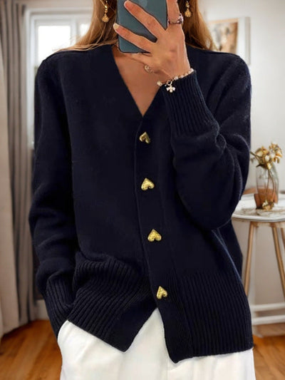 Lucy – V-Ausschnitt Strickpullover mit Liebe-Button, modischer, einfarbiger, langärmeliger Cardigan für den Frühling und Herbst