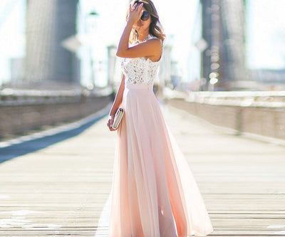 Elegantes Damen Maxikleid mit Spitze und Chiffonrock – Weiß Rosa (S–XXL)
