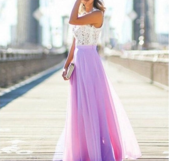 Elegantes Damen Maxikleid mit Spitze und Chiffonrock – Weiß Rosa (S–XXL)