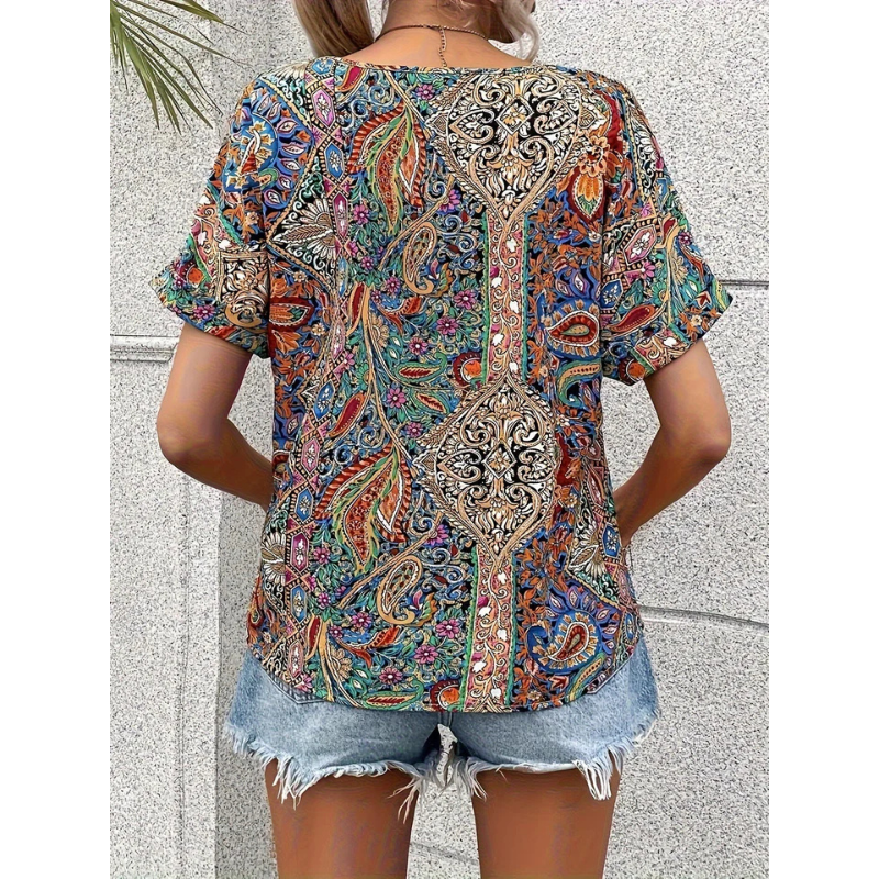 Mehrfarbige Bluse Mit V Ausschnitt Für Damen | Blumen