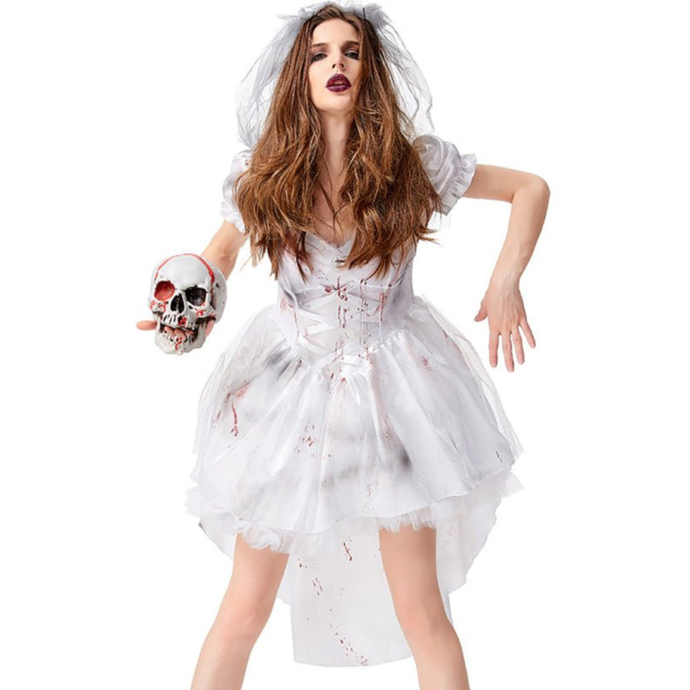 Damen Halloween Braut Kostüm | Kleid mit Tüllrock und Schleier