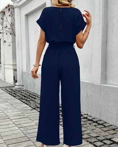 Damen Jumpsuit Mit Gürtel & Weitem Bein | Kurzarm