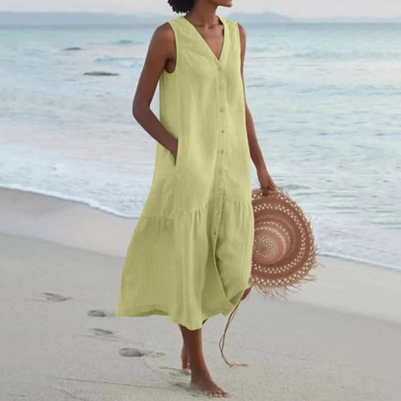 V-Ausschnitt Leinen Kleid