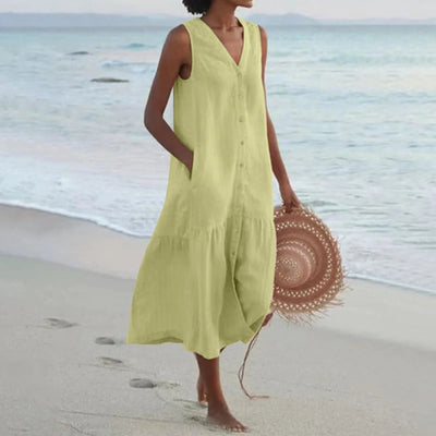 V-Ausschnitt Leinen Kleid