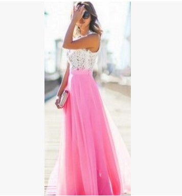 Elegantes Damen Maxikleid mit Spitze und Chiffonrock – Weiß Rosa (S–XXL)