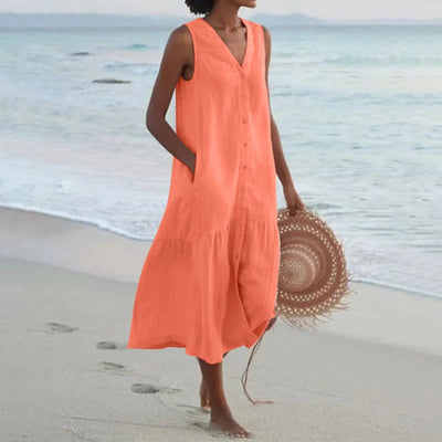 V-Ausschnitt Leinen Kleid