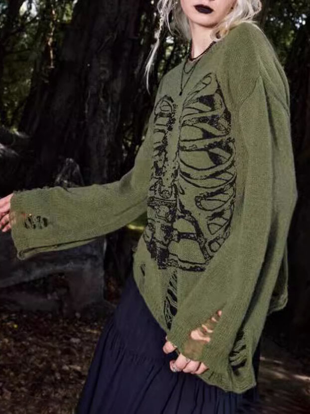 Halloween-Skelett Dunkler Stil Rissiger Langarm-Pullover