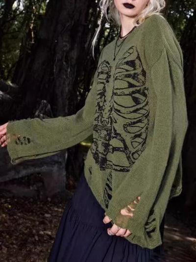 Halloween-Skelett Dunkler Stil Rissiger Langarm-Pullover