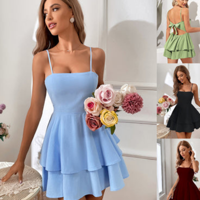Damen Elegantes Geschichtetes Spaghettiträger Kleid | Mini