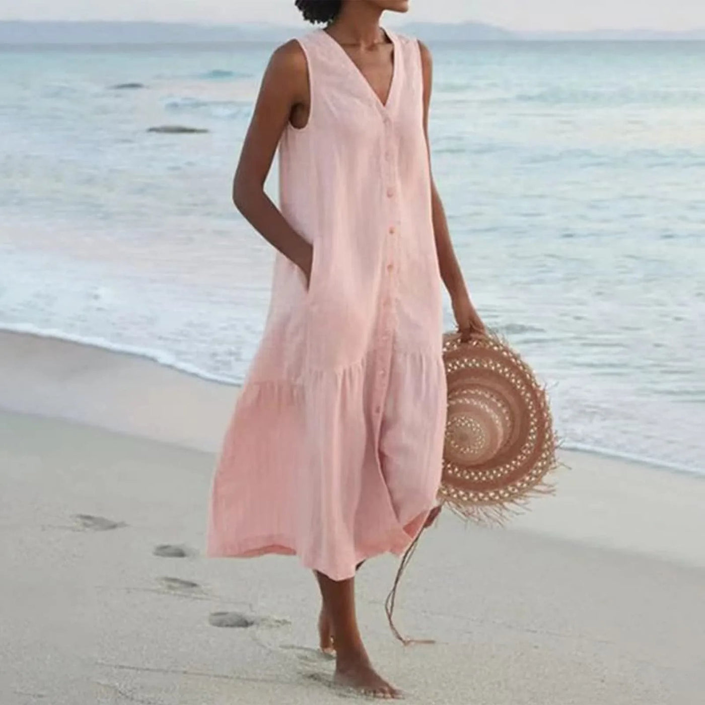 V-Ausschnitt Leinen Kleid