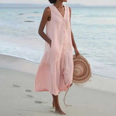 V-Ausschnitt Leinen Kleid