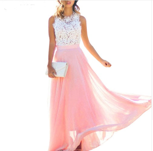 Elegantes Damen Maxikleid mit Spitze und Chiffonrock – Weiß Rosa (S–XXL)