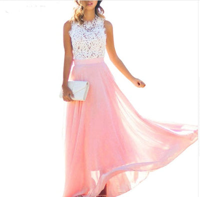 Elegantes Damen Maxikleid mit Spitze und Chiffonrock – Weiß Rosa (S–XXL)