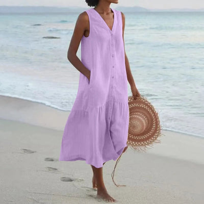 V-Ausschnitt Leinen Kleid