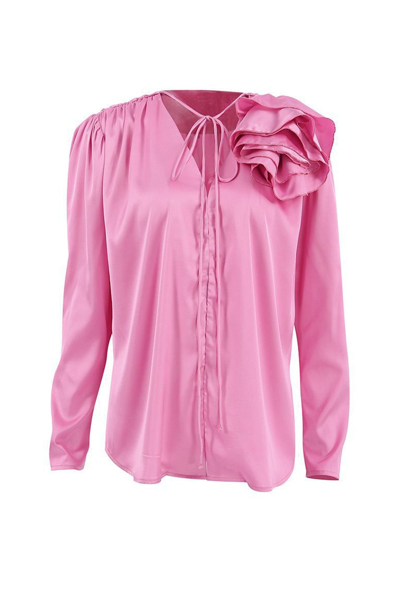 Victoria - Rosafarbene Bluse mit gerafftem V-Ausschnitt und floraler Spitze