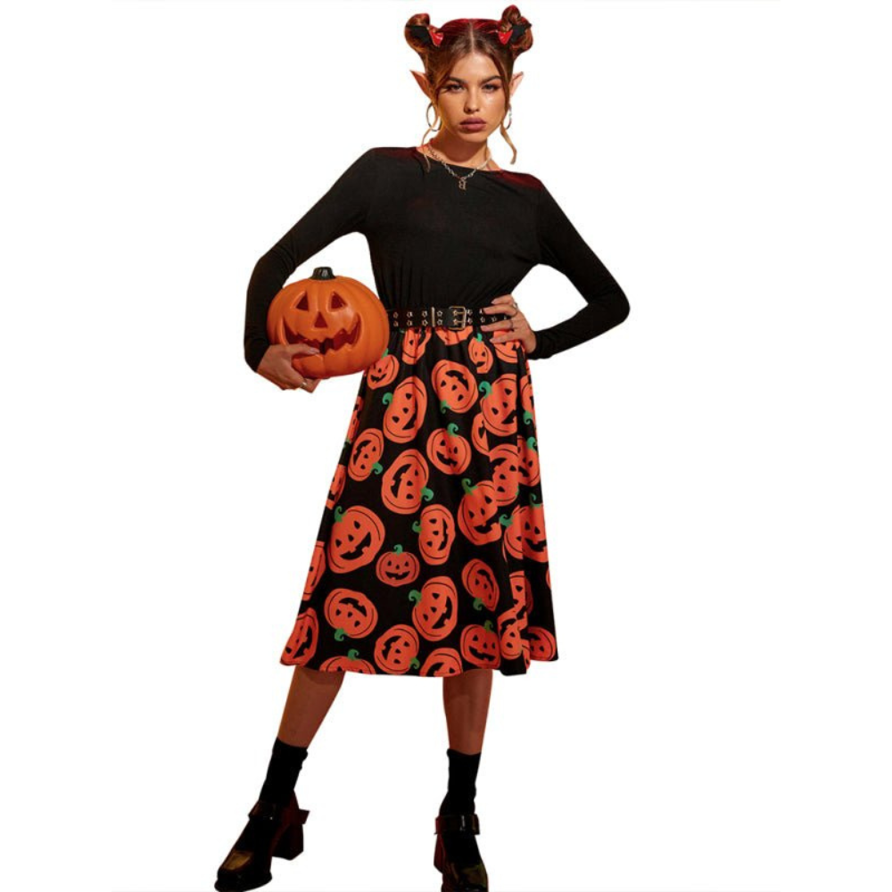 Damen Halloween-Kleid mit Kürbis-Print | Langarm & Midi-Länge