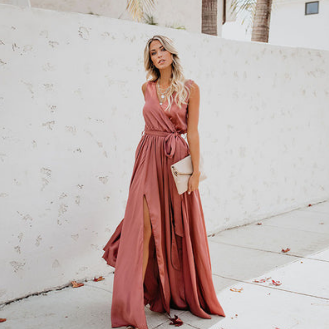 Damen Seitenschlitz Elegantes Taillenband Luftiges Kleid | Maxi