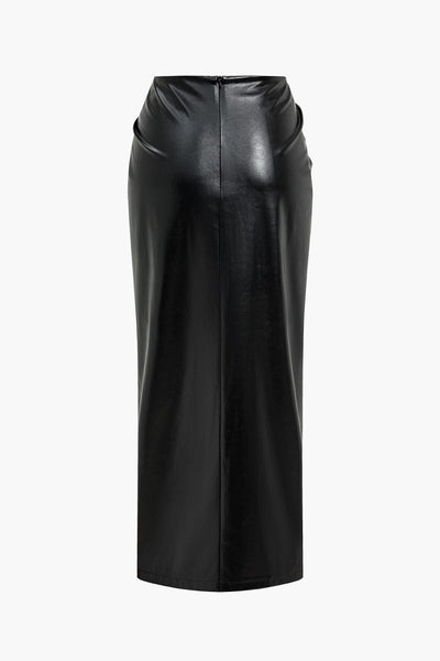 Dorle | Eleganter Kunstleder-Midirock mit Wickeloptik und hohem Schlitz