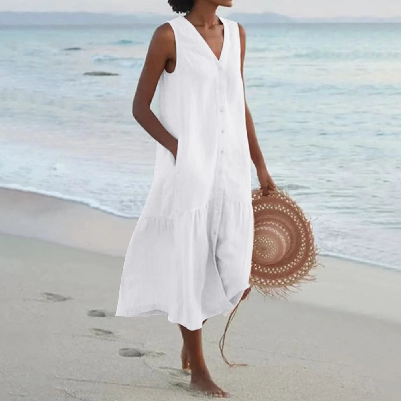 V-Ausschnitt Leinen Kleid