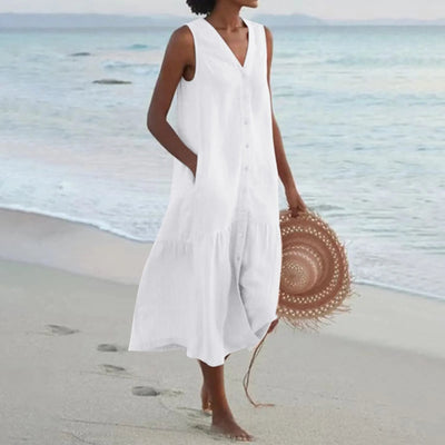 V-Ausschnitt Leinen Kleid