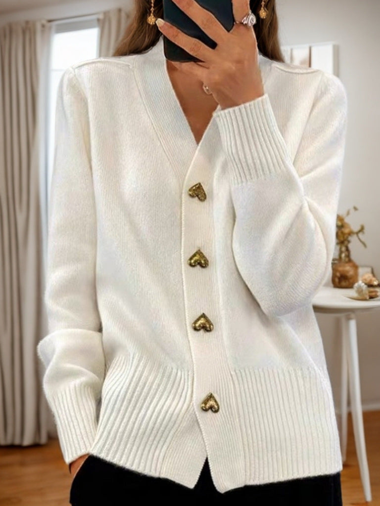 Lucy – V-Ausschnitt Strickpullover mit Liebe-Button, modischer, einfarbiger, langärmeliger Cardigan für den Frühling und Herbst
