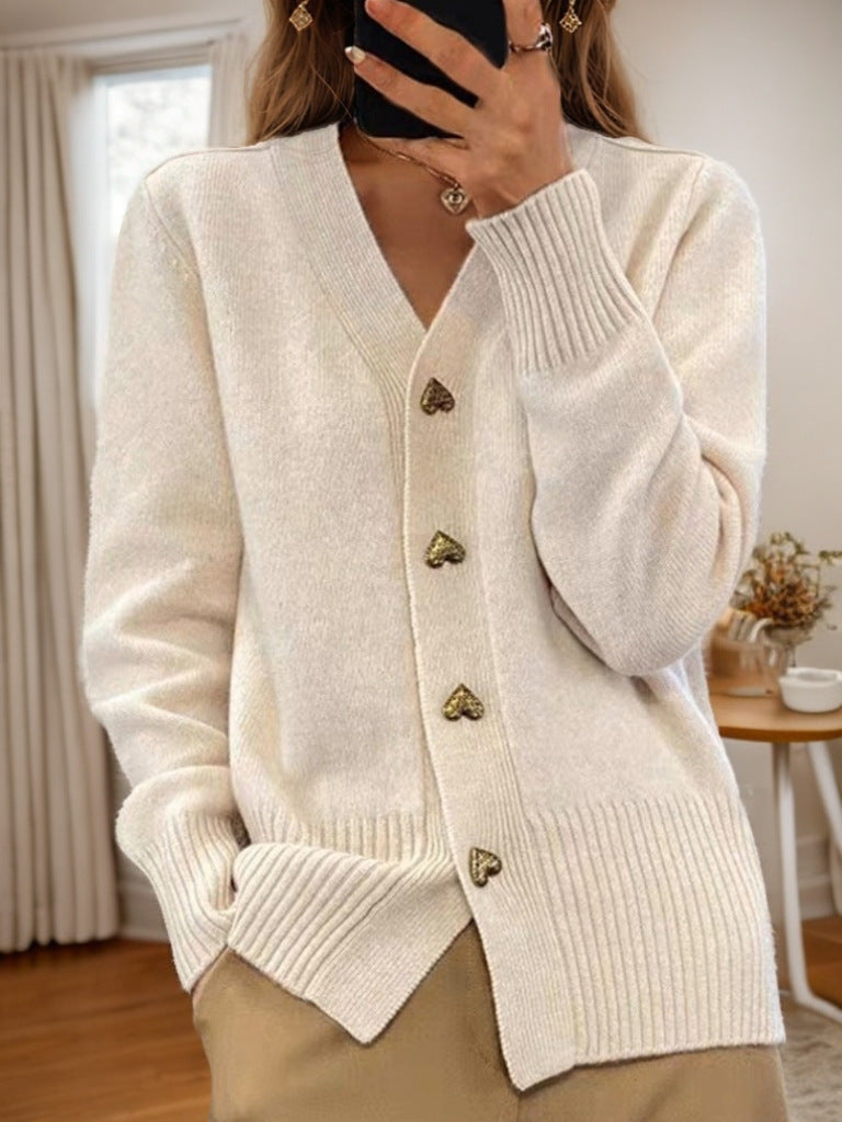 Lucy – V-Ausschnitt Strickpullover mit Liebe-Button, modischer, einfarbiger, langärmeliger Cardigan für den Frühling und Herbst