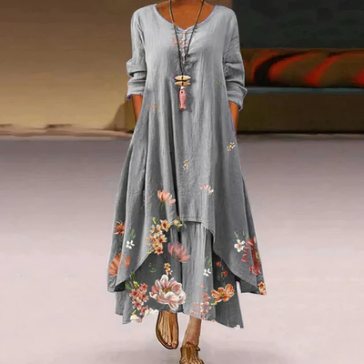 Damen Sommer Doppellagiges Langarm Bedrucktes Kleid | Maxi