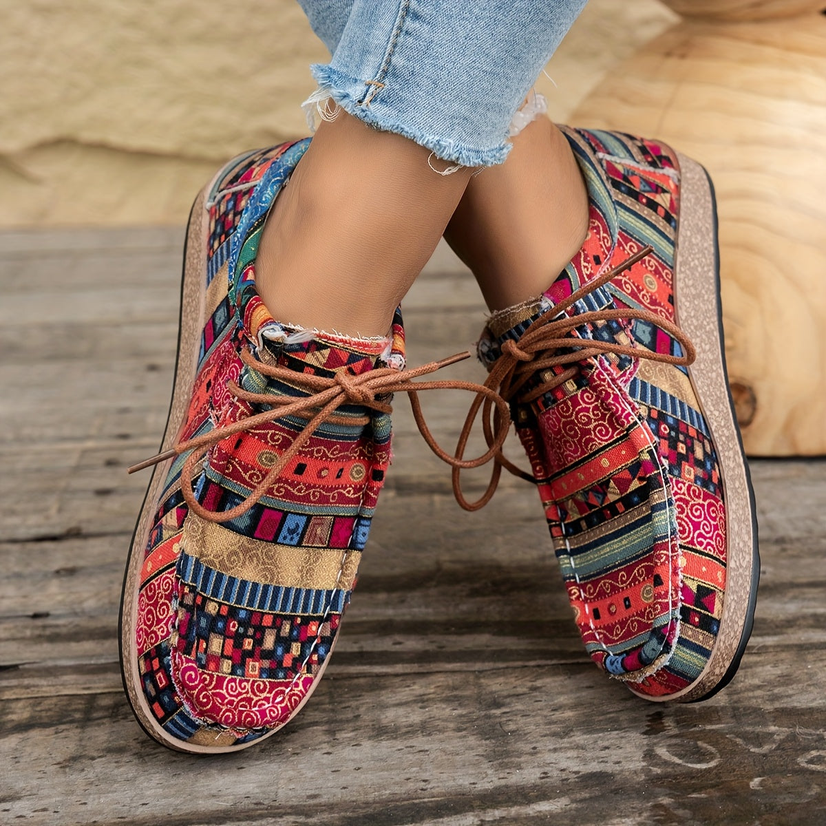 Damen Vintage Boho SchnürSchuhe