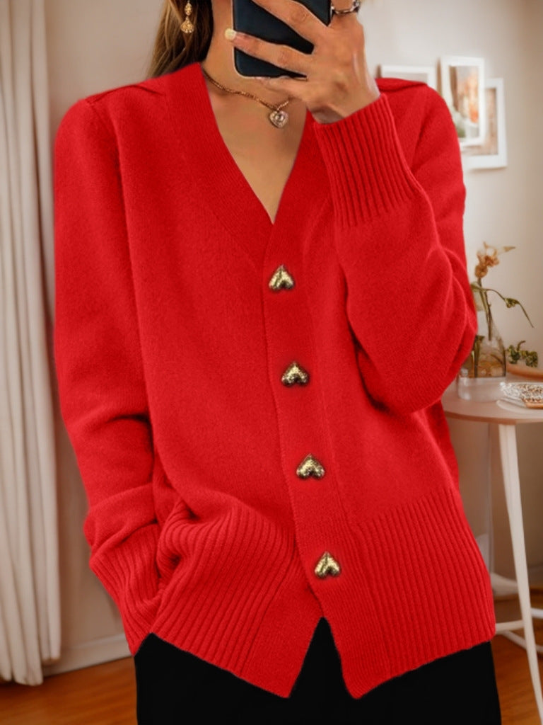 Lucy – V-Ausschnitt Strickpullover mit Liebe-Button, modischer, einfarbiger, langärmeliger Cardigan für den Frühling und Herbst