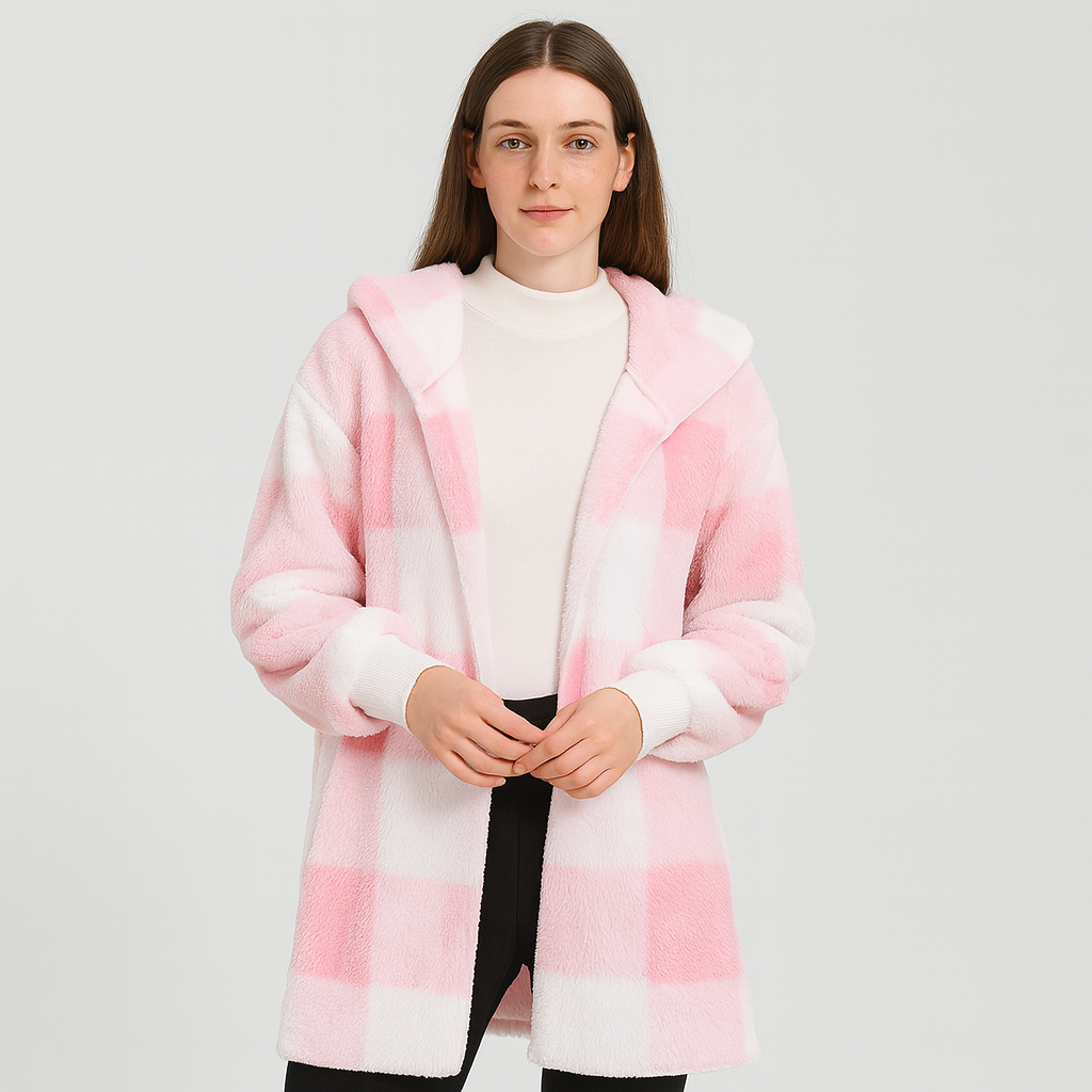 Ava | Damen Fleece-Cardigan mit Kapuze und Karomuster