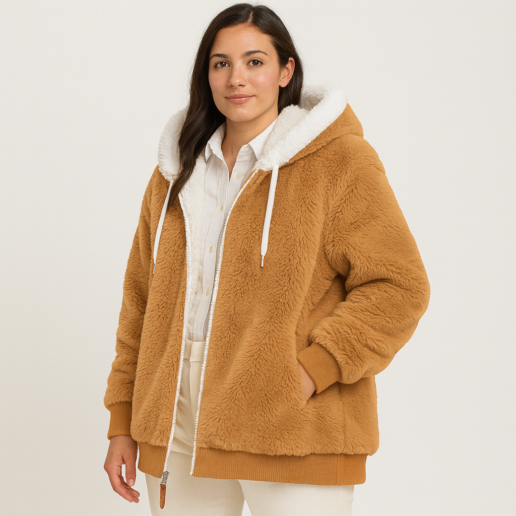 Leila | Lässiger Mantel mit Reißverschluss und Kapuze aus Kunstpelz