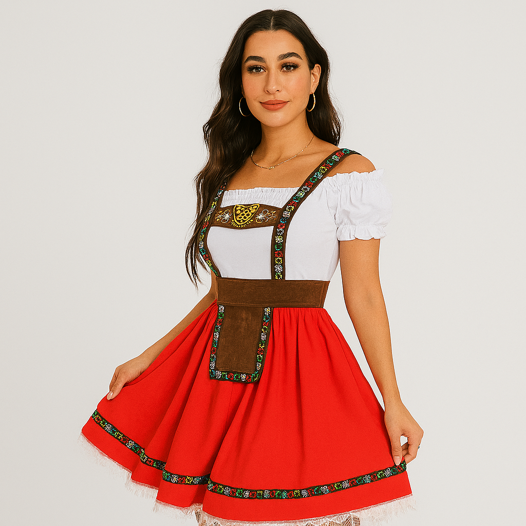 Damen Dirndl Oktoberfest – Schulterfreies Kleid mit Rüschenärmeln & Gold-Akzenten