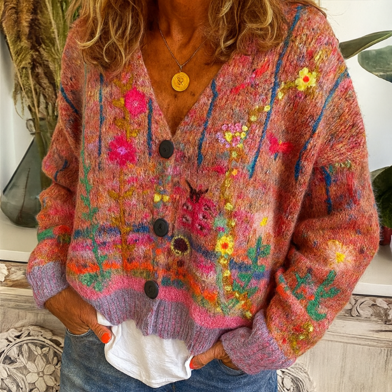 Damen-Strickjacke zum Knöpfen mit buntem Blumenmuster und V-Ausschnitt