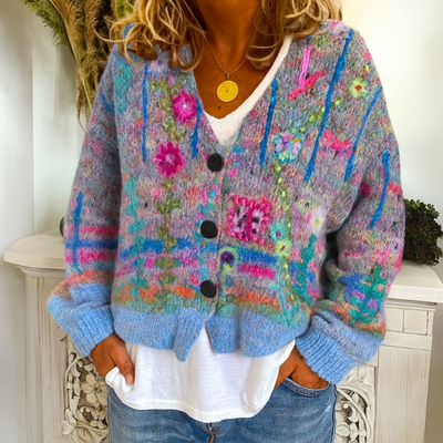 Damen-Strickjacke zum Knöpfen mit buntem Blumenmuster und V-Ausschnitt