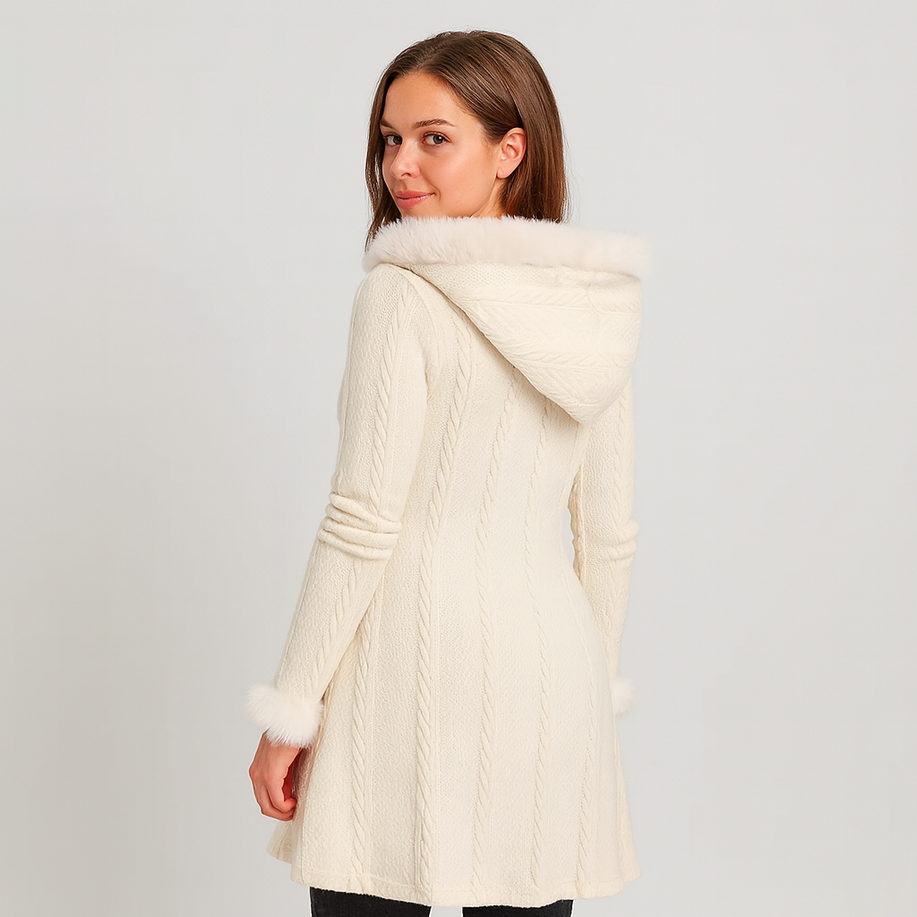 Selena | Damen-Kapuzenmantel mit kariertem Patchwork und Hornknöpfen