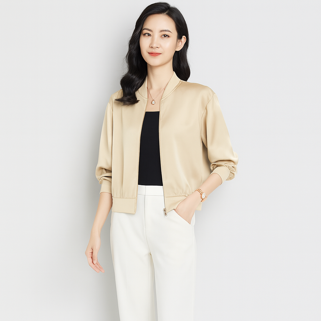 Fliegerblouson aus Satin für Damen – lockere Passform, Reißverschluss, Allwetterstil