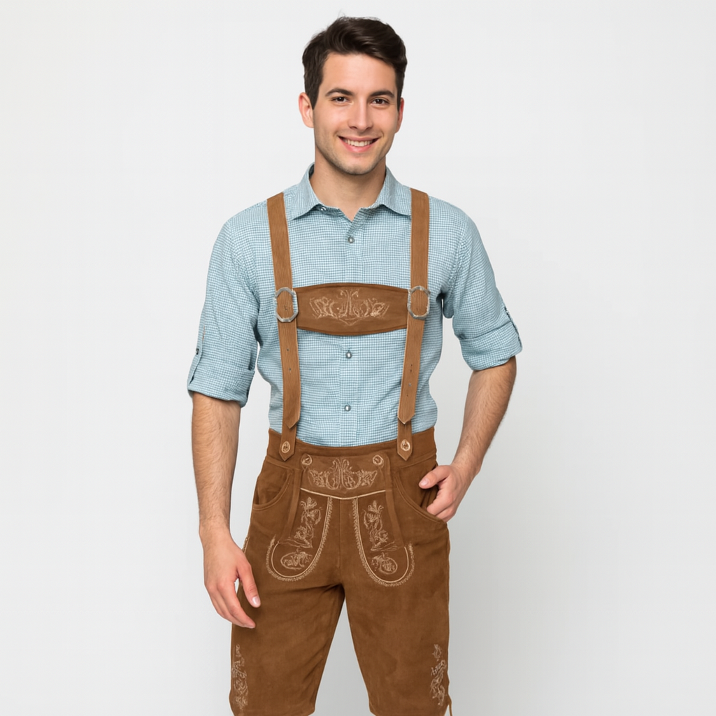 Kniebundlederhose Herren – Helle Trachtenhose mit Trägern & Stickerei fürs Oktoberfest