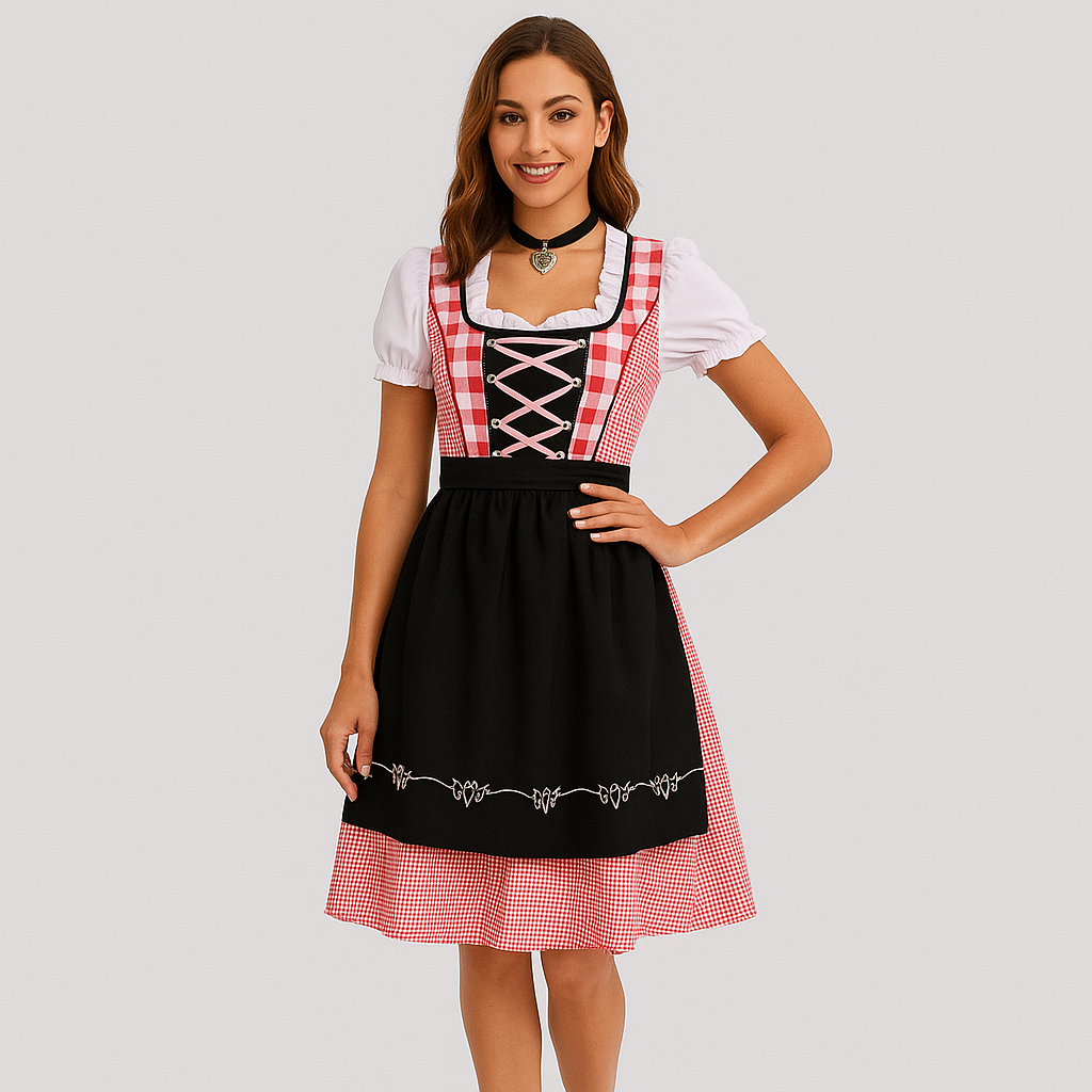 Bayerisches Dirndl Kleid – Rotes Karomuster im Biermädchen-Stil für Oktoberfest