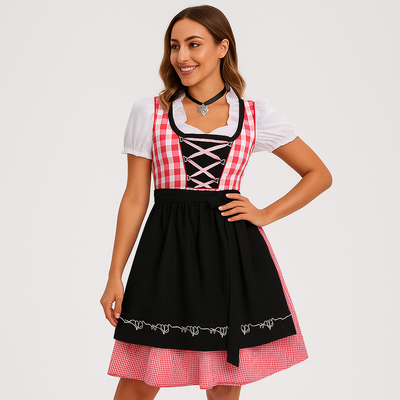 Bayerisches Dirndl Kleid – Rotes Karomuster im Biermädchen-Stil für Oktoberfest
