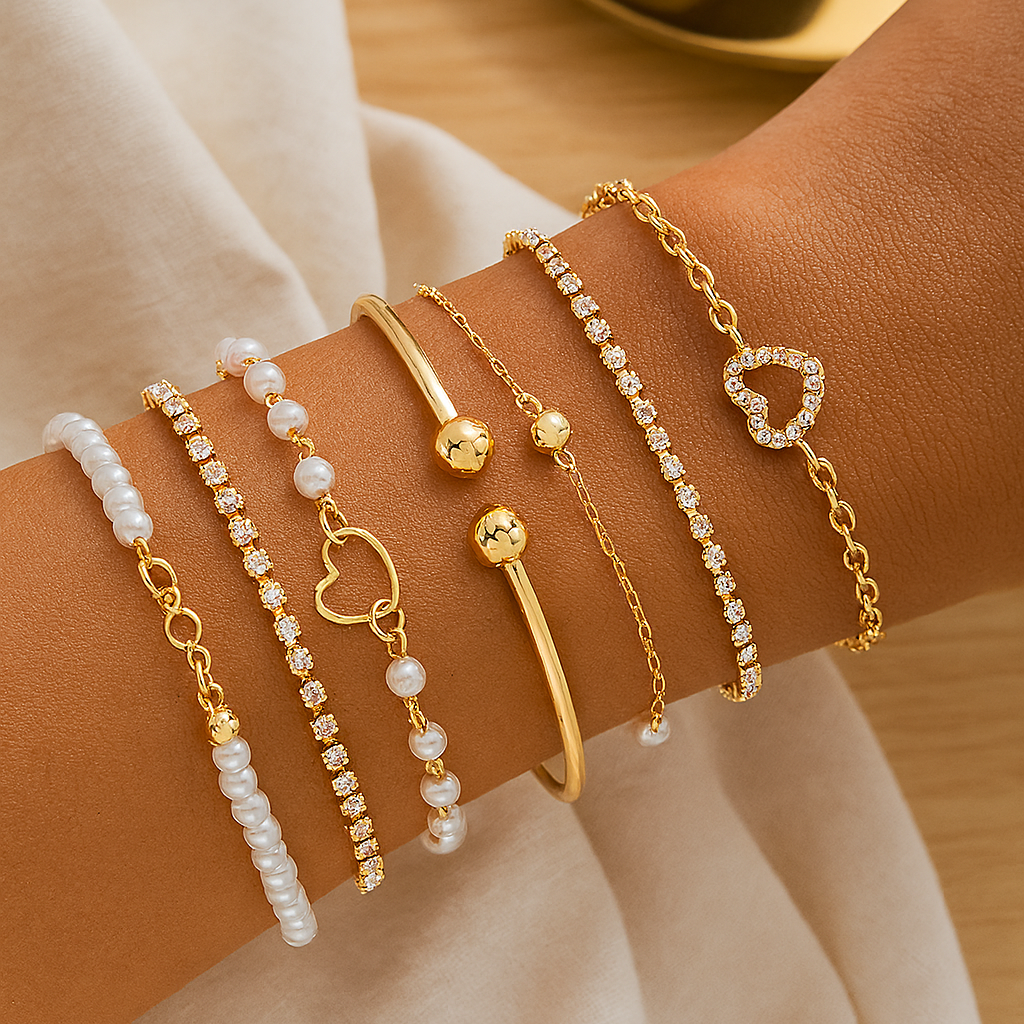 8-teiliges elegantes Armbandset – Herzanhänger & Lagenschmuck für Damen