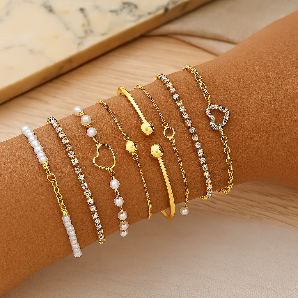 8-teiliges elegantes Armbandset – Herzanhänger & Lagenschmuck für Damen