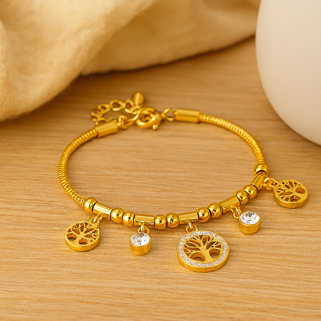 Elegantes goldenes Edelstahlarmband – Hohler Baumanhänger mit synthetischen Zirkonia-Charms