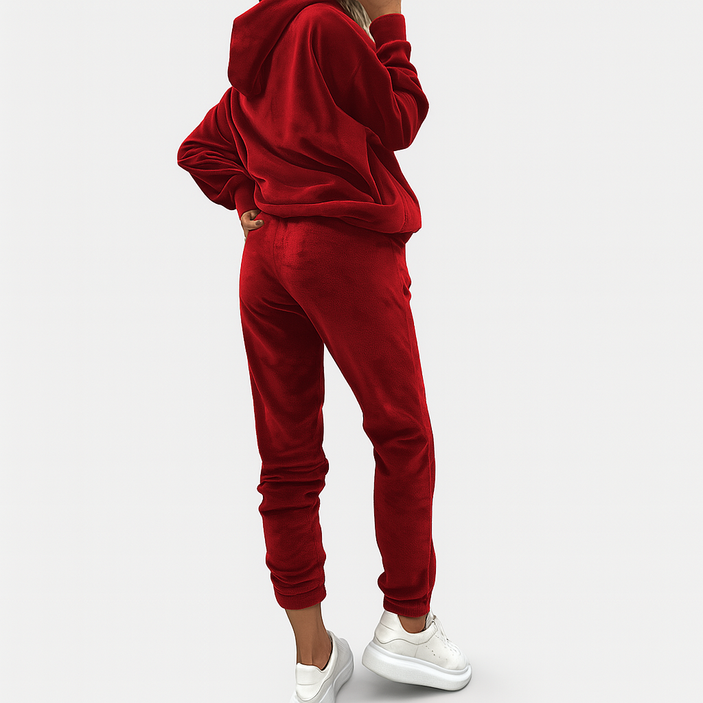 Damen Freizeitanzug 2-teilig – Unifarbener Kapuzenpullover mit Kängurutasche & schmal geschnittene Jogginghose