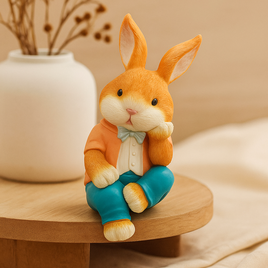 WhimsiBunny – Sitzende Kaninskulptur für spielerische und moderne Schreibtisch- oder Regaldekoration