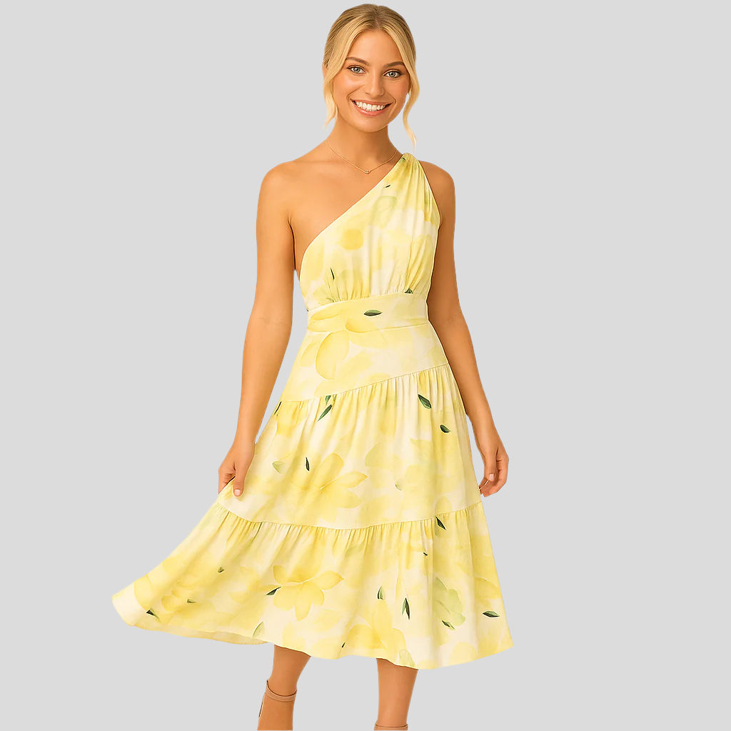 Maelle – Leichtes Midikleid mit Blumenmuster und einer Schulter für sonnige Tage