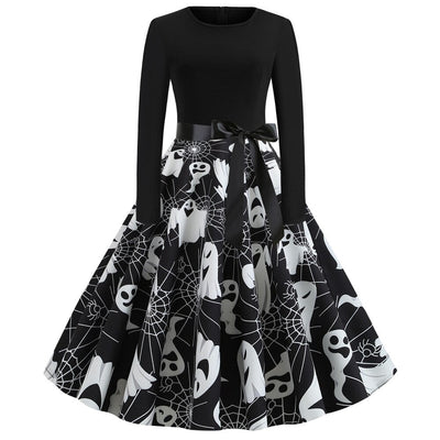 Damen Halloween-Kleid mit Print | Langarm & Ausgestellter Schnitt